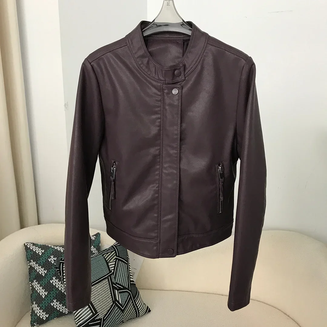 2024  Faux Leather Coat Female Short Casual Motorcycle Artificial Leather Jacket Autumn Fashion PU Leather Blouse Simple Fashion