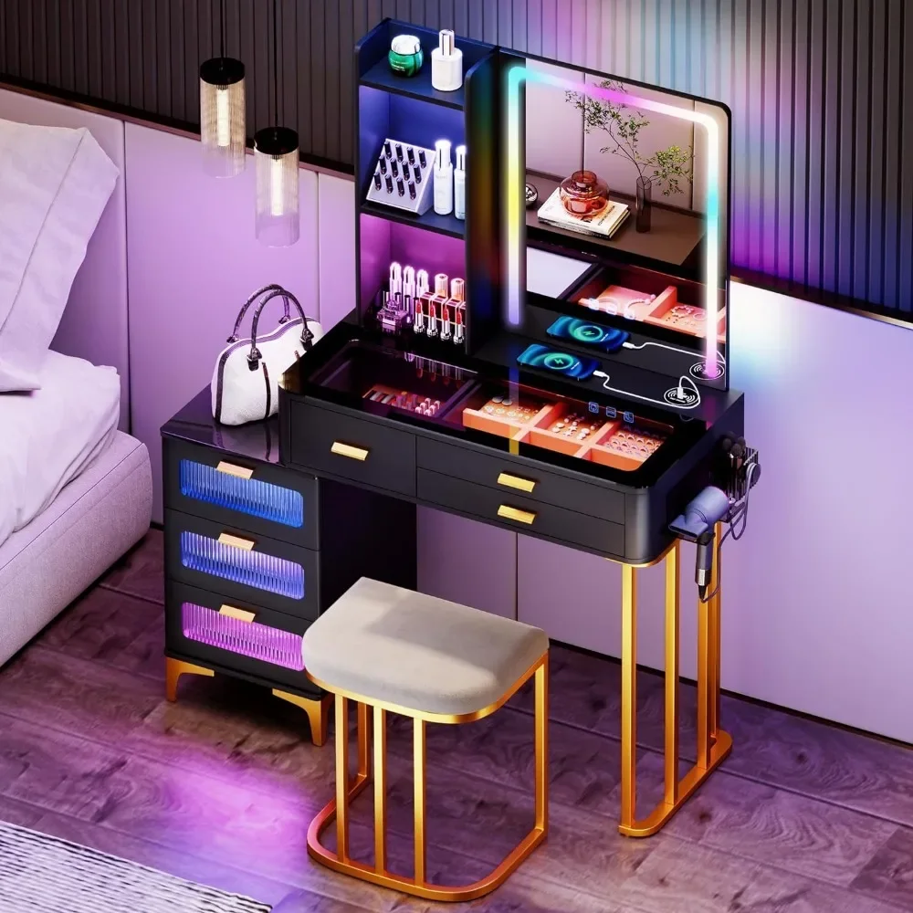 

Dressing Table with Lights and Wireless Charging Station & RGB Lights Mobile Vanity with Drawer Glass Dressing Table