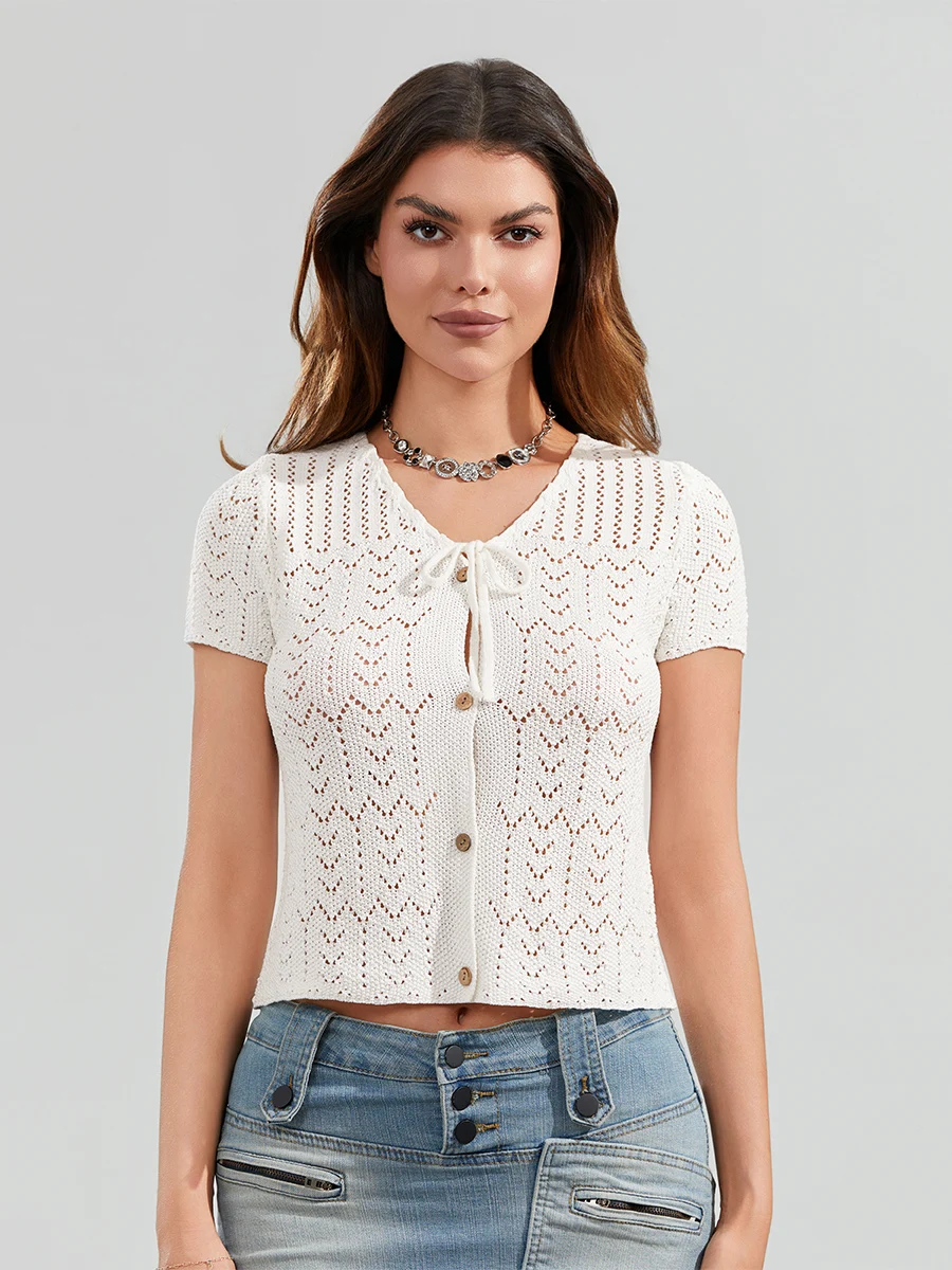 Women Summer Knit Tops Short Sleeve Solid Colour Button Front with Tie Crochet Shirts Crop Tops Y2K Hallow Out Knitted Open