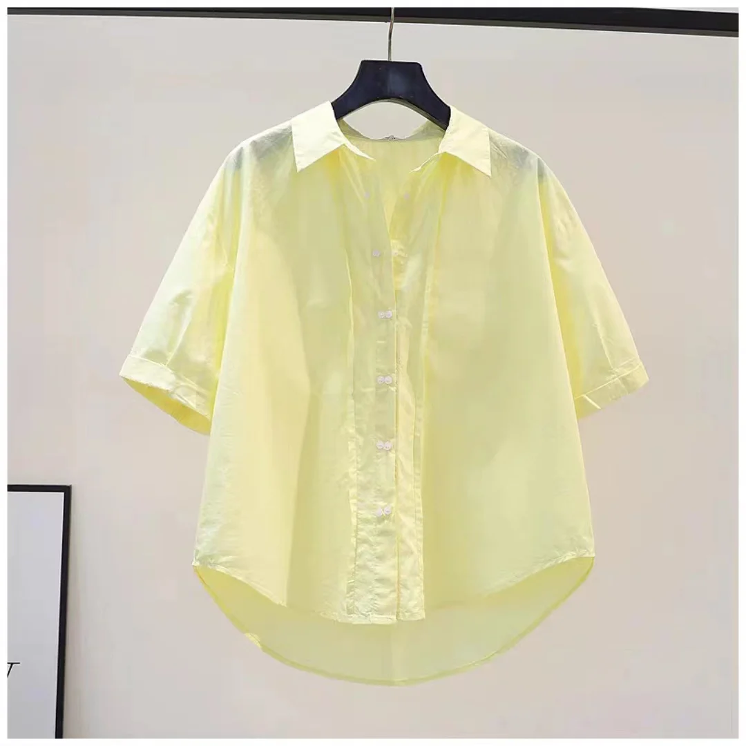 

Double-Button Short-Sleeve Shirt Casual Yellow Style Loose Fit Korean Version Commute Style Pure Color Summer 2025