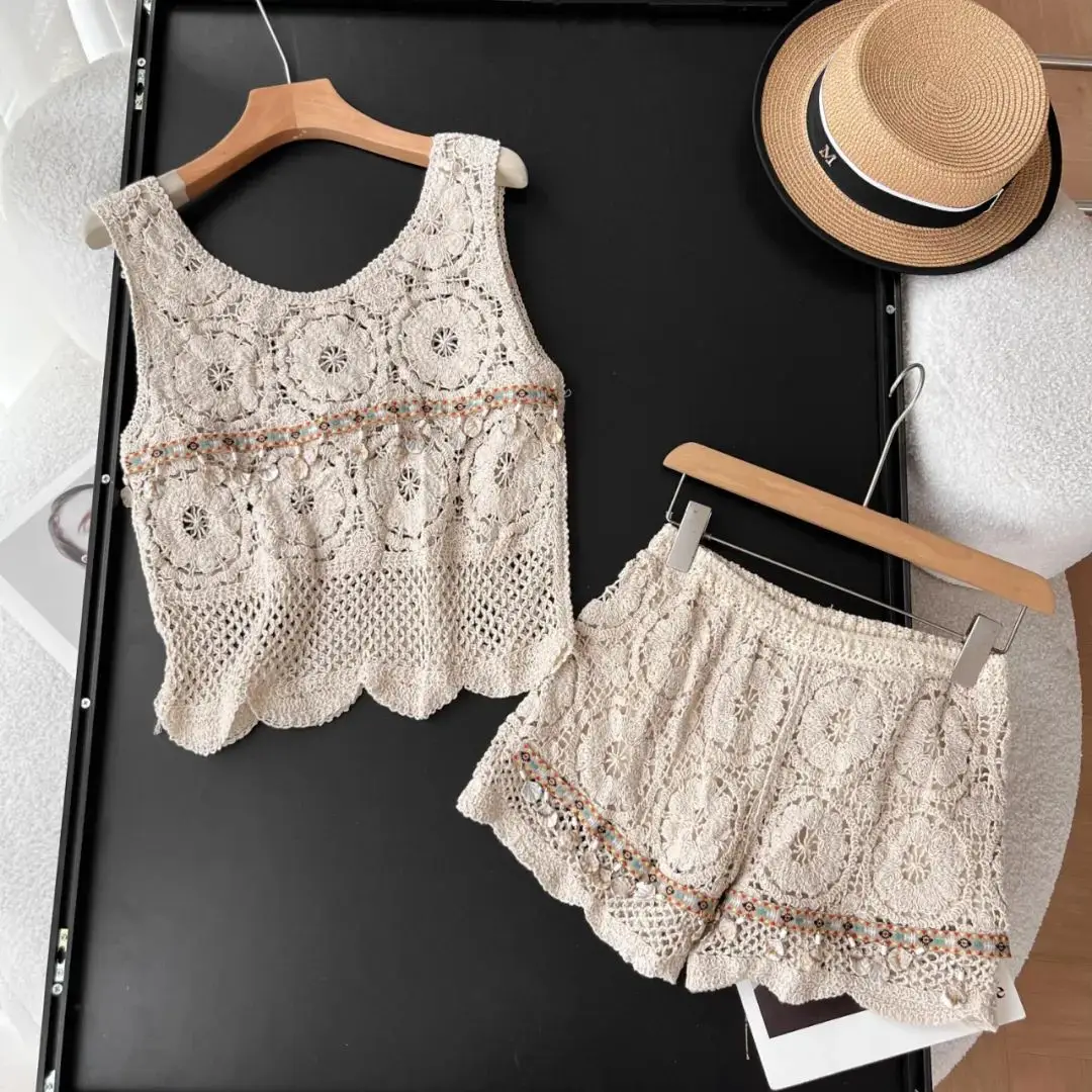 Summer Holiday Knitted Two Pieces Sets Hollow out Sleeveless Tank Top + High Waist Shorts Bohemian fringed Women Beach Set