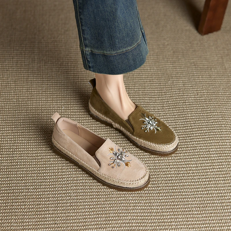 2026 spring summer women pumps natural leather plus size 22-25cm kid suede+sheepskin Embroidery rhinestone platform women shoes