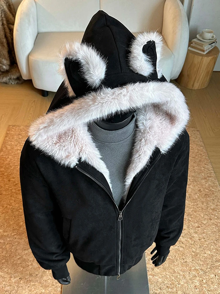 Thiened スエード耳付きコットンジャケット メンズ冬用暖かいコート カップル用コットンアウターウェア スタンドフィット ロングスリーブジッパー