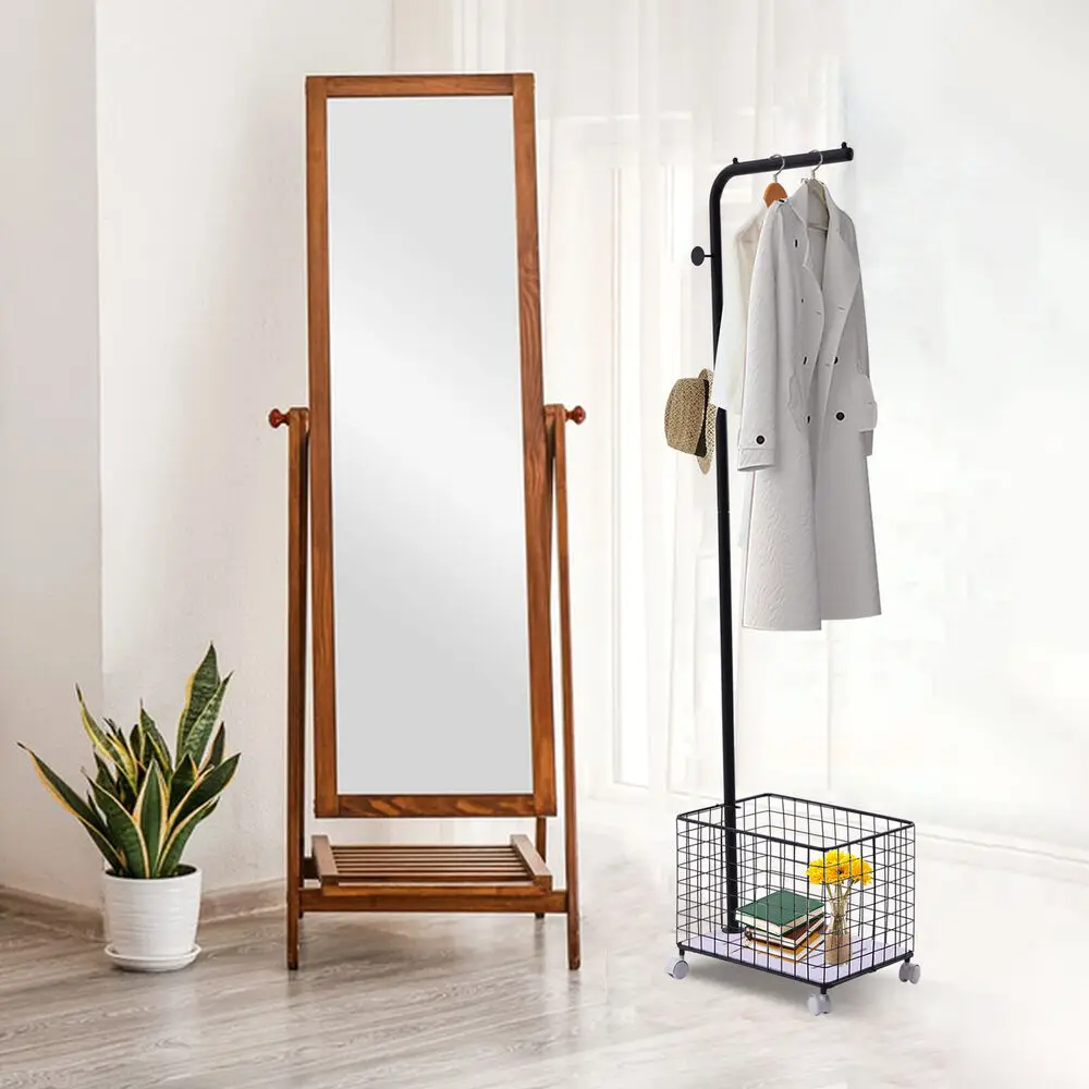 Coat Hat Metal Rack Rolling Wheels Garment Storage Shelf w/ Storage Basket