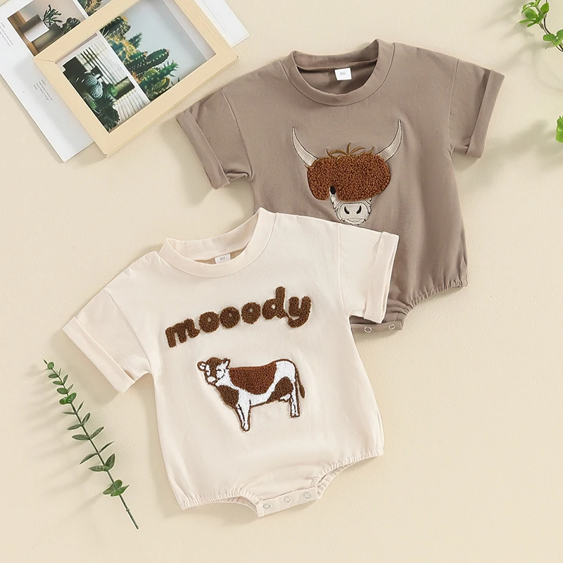 

2024-01-23 Lioraitiin 0-18M Baby Boys Girls Romper Round Neck Cow Embroidery Short Sleeve Jumpsuit Infant Summer Clothes