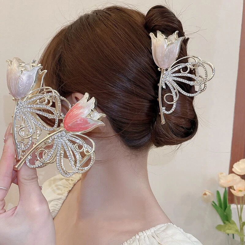 Haimeikang Lacquer Tulip Hair Claw Golden Luxury Headwear Hairpin For Women Sweet Ponytail Crabs Hair Clip Fashion Accessories