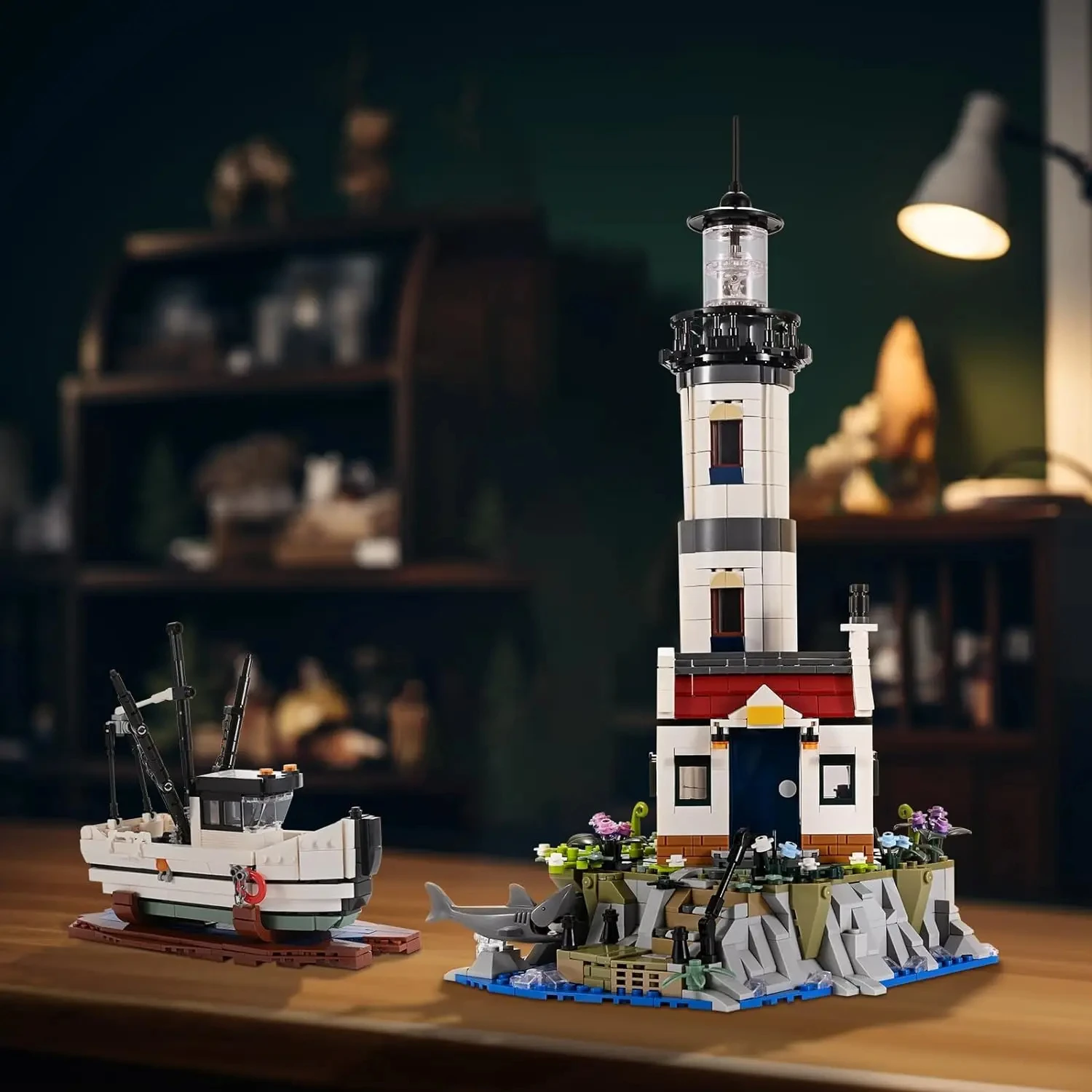 1677PCS faro elettrico Building Blocks Fisherman Rescue Boats faro modello mattoni con luce giocattoli per bambini regali di festa
