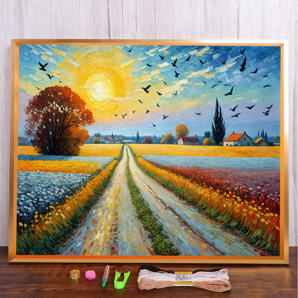 Landscape Field At Dusk Cross Stitch Complete Kit DIY Embroidery Needlework Hobby Handmade Handiwork Home Decor Magic Needle