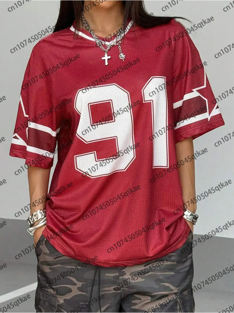 

Летняя модная футболка с принтом Speed 91, женская футболка с v-образным вырезом и сетчатым отверстием, спортивный футбольный трикотаж с короткими рукавами Y2K, свободная женская одежда