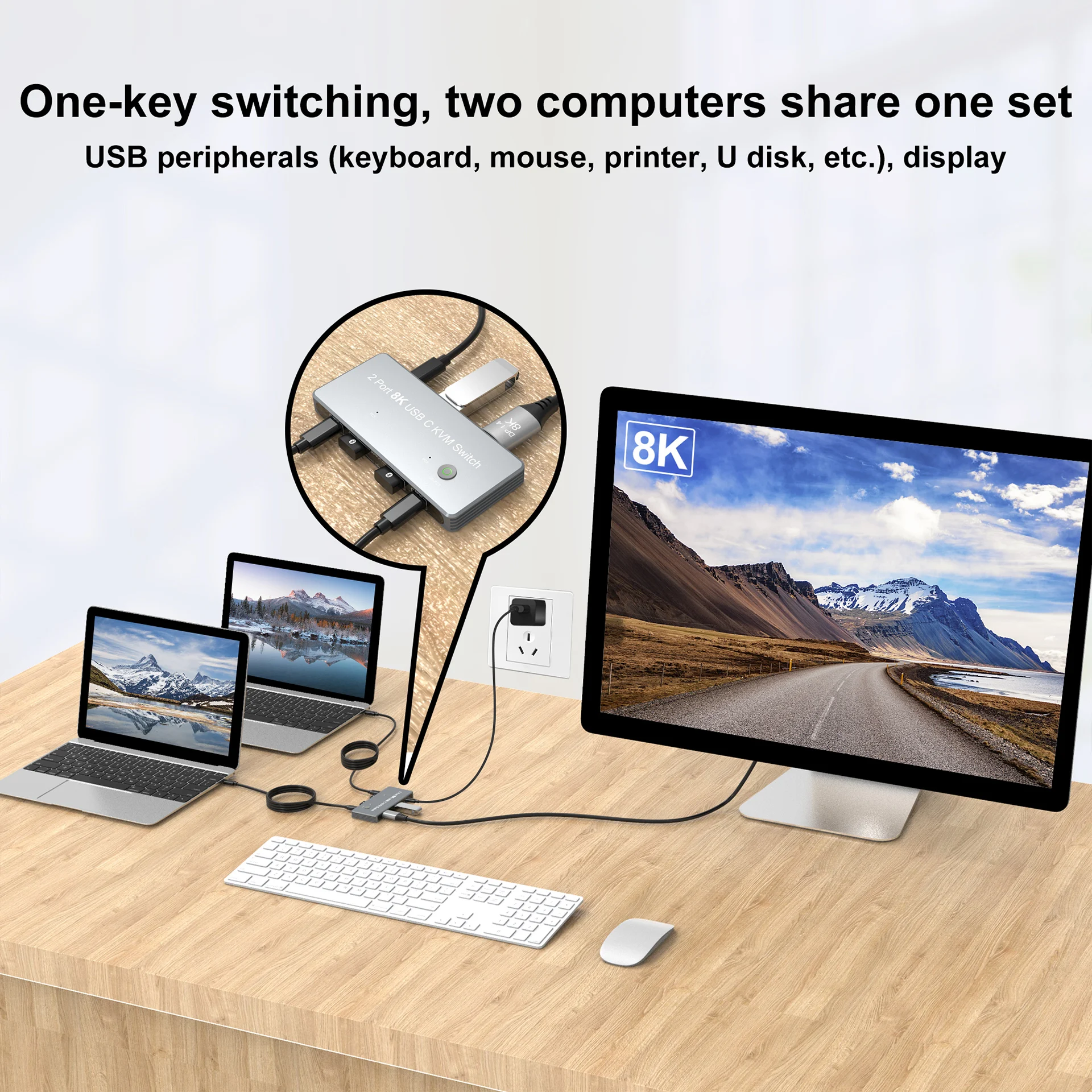 KVM Switch-monitores duales para ordenador portátil, dispositivo con salida de vídeo de USB-C a DP1.4, 8K60Hz, 4K @ 144Hz, Monitor DisplayPort con HUB de datos 3xusb3.0