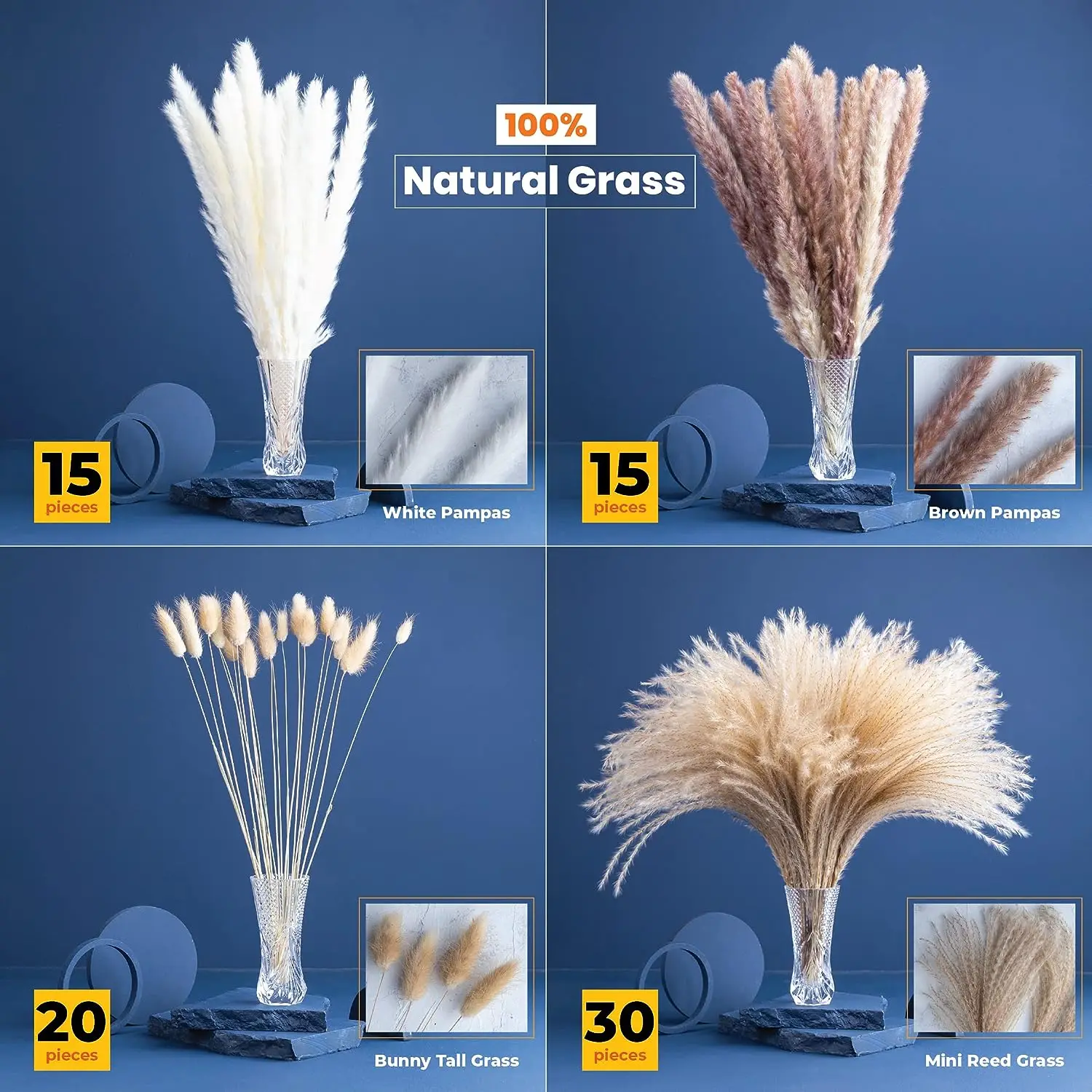 

80 Pcs Fluffy Dried Pampas Grass Bunny Tails & Reeds White & Natural Color Boho Flowers, for Home Decor, Weddings and Gift to