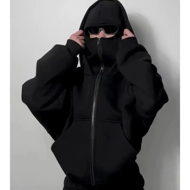 Balaclava Fashion Personality Hoodie Men Soild Color Double Layer Hooded Pullover Sweatshirt Y2k Retro Hip Hop Winter Streetwear