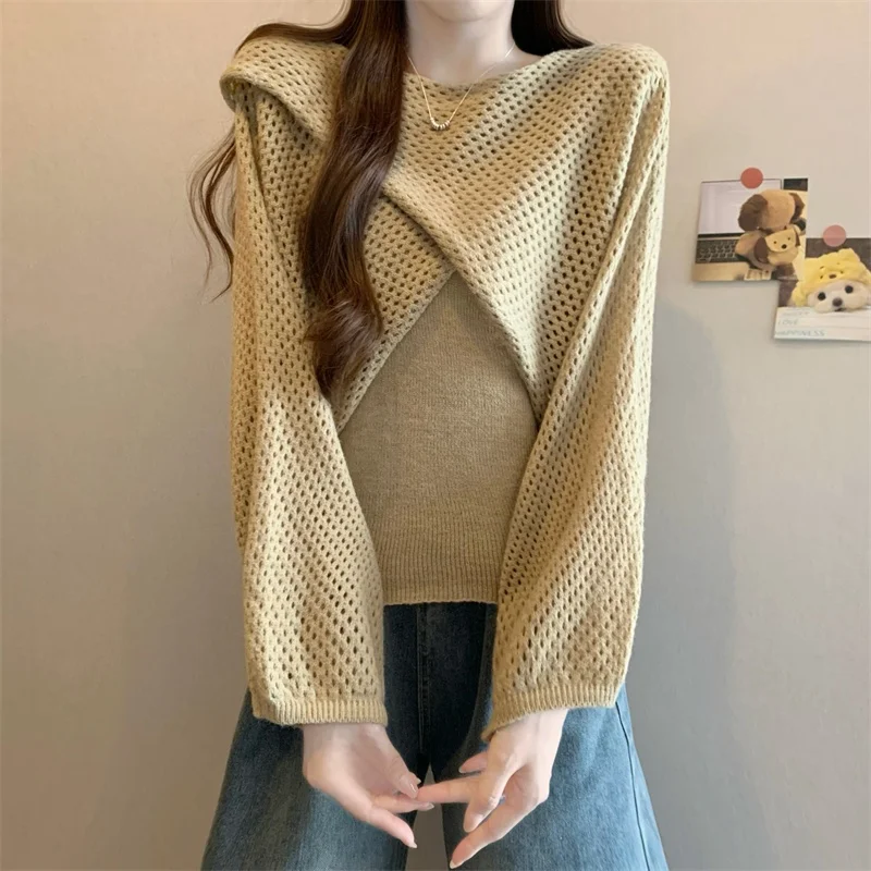 Efek Pelangsingan 2025 Musim Gugur Musim Dingin Desain Korea Baru Rajutan Penutup Bahu Wanita Set Fashion Lengan Panjang...