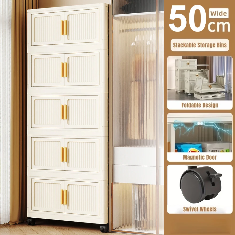 Image of 5-stufiger faltbarer Aufbewahrungsschrank mit Türen und Rollen, stapelbar, werkzeuglose Montage, 2 Farben (Cremegelb / Transparent), multifunktionaler Organizer für Kleidung, Bücher, Snacks, ideal für