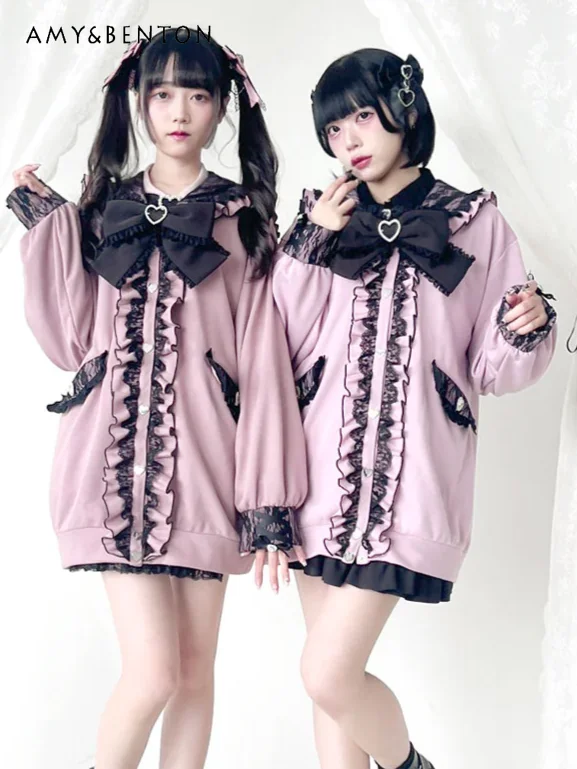 

Autumn Winter New Japanese Sweet Cute Big Bow Hoodies Women Exquisite Lolita Lace Navy Collar Long Sleeve Mid-length Sweatshirt