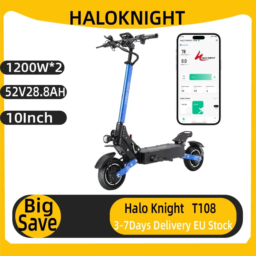 Trottinette électrique Halo Knight T108 52V 28.8Ah à double moteur pliable 1200W avec pneus route et suspension