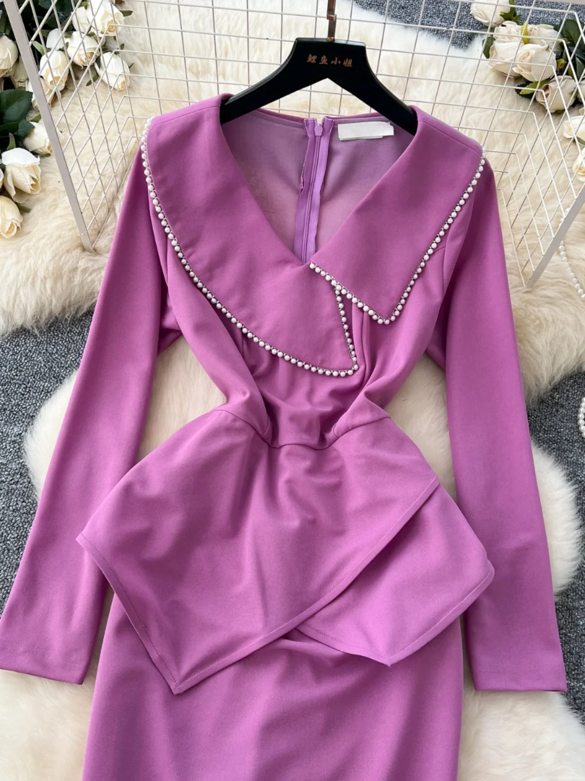 Ofallsis Socialite High end Lotus Leaf Edge Pearl Waist Slimming Dress 2024 New Fashion Slimming Temperament French Formal Dress