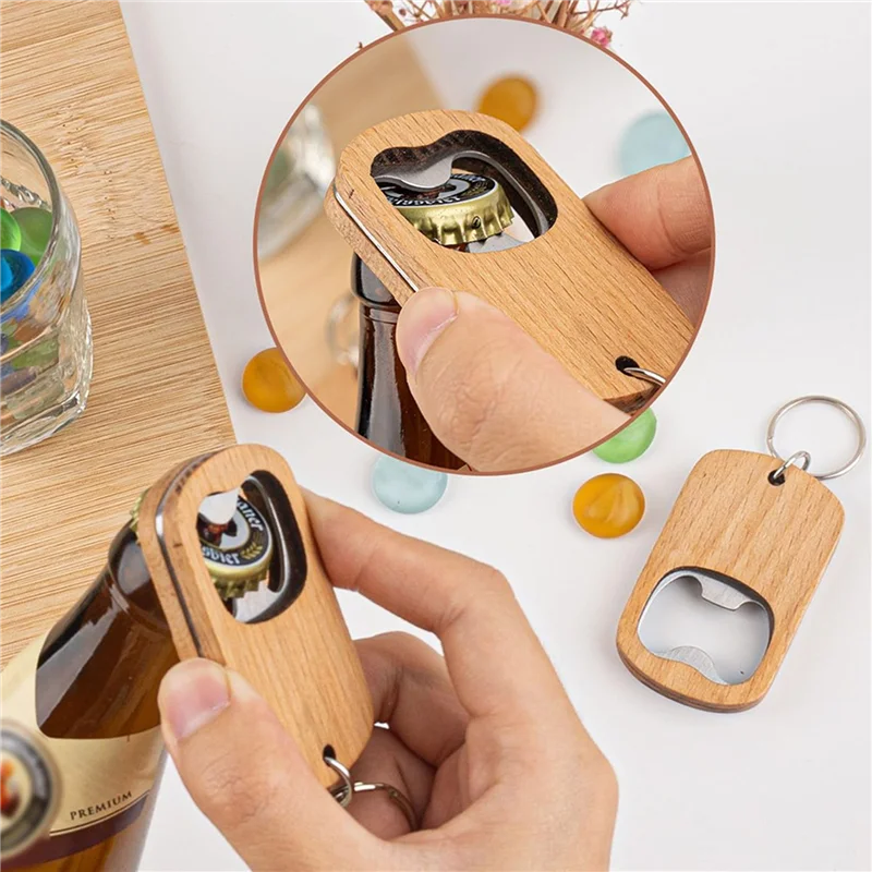 

Hot Sale-40Pcs Wood Bottle Opener Wooden Keychain Bottle Openers Blanks Wood Engraving Key Chains Key Tag For DIY Crafts