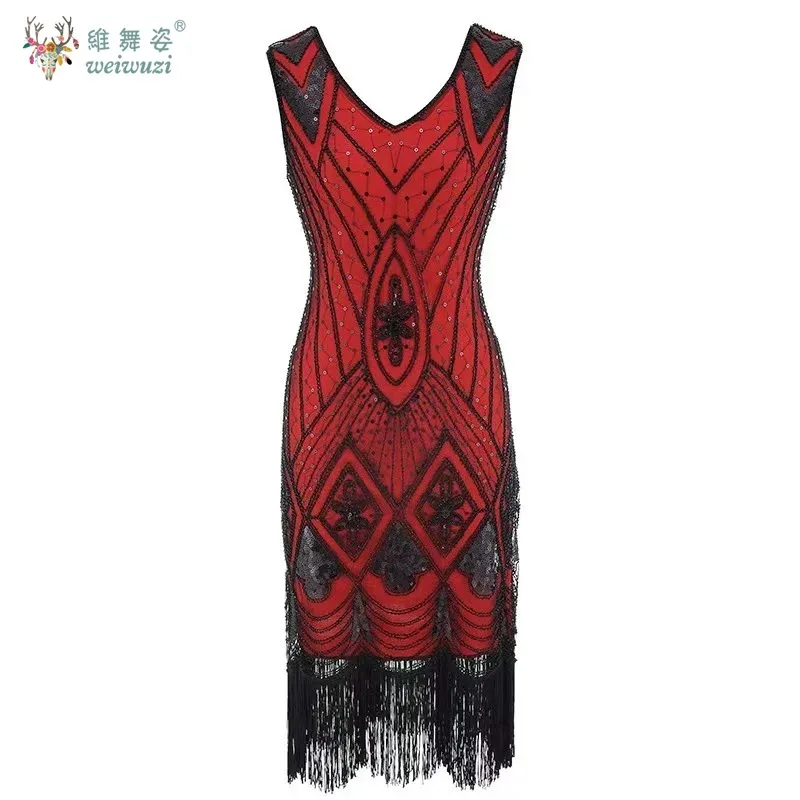 빈티지 스팽글 스터드 수제 진주 술 v 넥 이브닝 가운 대형 파티 무대 공연 스커트 댄스 파티에 적합