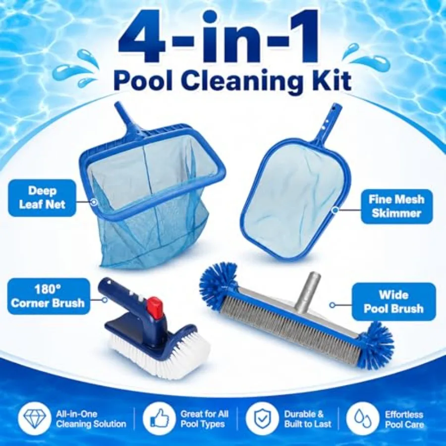 Pool Cleaning Kit Profional Heavy Duty Leaf Skimmer Net, Deep Bag Rake and Wall Scrubber Brush, 4-Piece Pool Cleaning Equipment