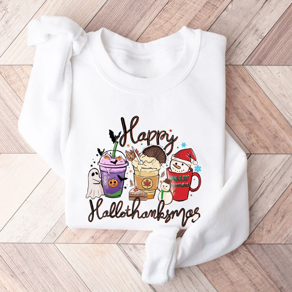 Happy Hallothanksmas Sweatshirt Women Christmas Sweatshirts Thanksgiving Shirt Coffee Pumpkin Spice Iced Snowmen Sweater