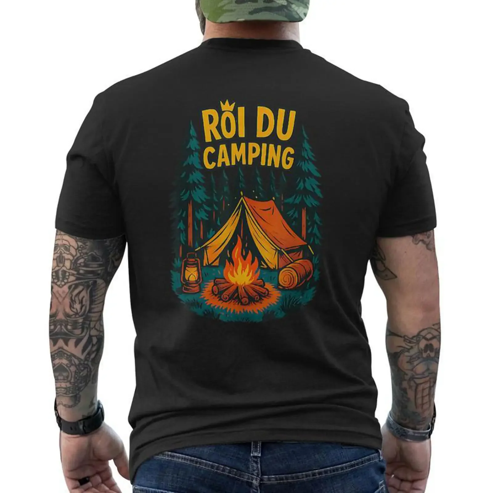 Roi Du Camping Drôle Papa Tente T shirt imprimé au dos Cadeauxyz vintage Washed streetwear Stylish fashion Stretched Slightly