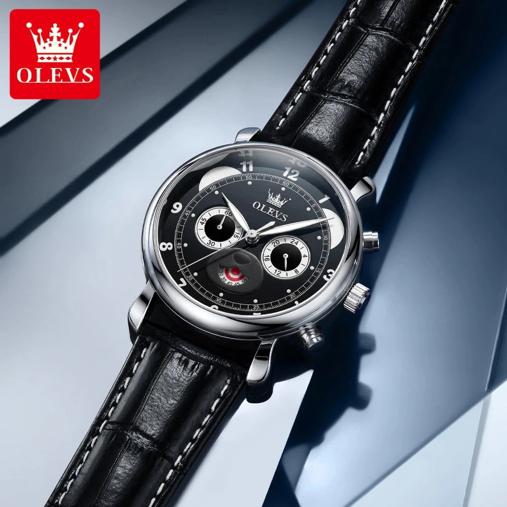 OLEVS 3753 Brand Movement Men Fashion Watch Leather Strap Fun Panda Design 24-hour Dial Stopwatch Luminous Function Quartz Watch