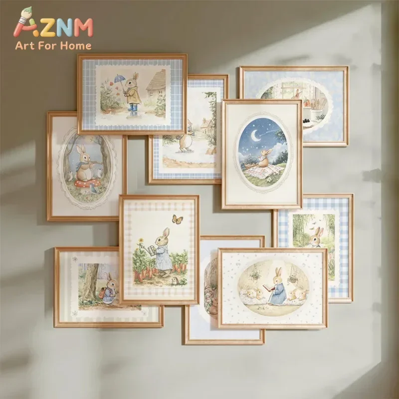 AZNM Vintage Peter Rabbit Canvas Wall Art, Classic Bunny Storybook Watercolor Nursery Art Print, Unframed Canvas Painting for Ki
