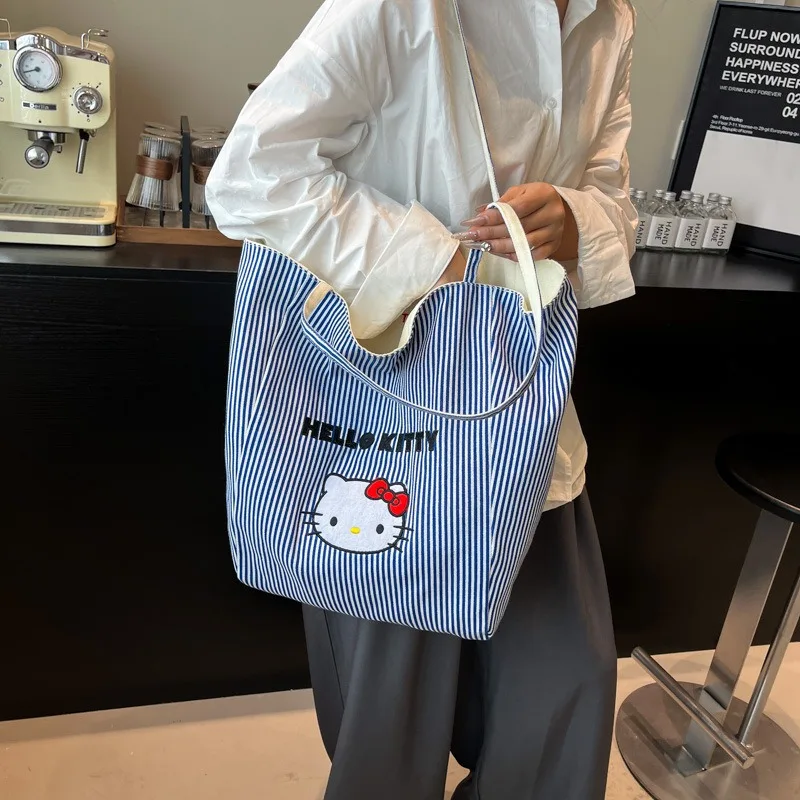 sanrio-bolso-de-lona-de-alta-calidad-para-mujer-informal-de-gran-capacidad-con-bonitos-dibujos-de-hello-kitty-bordado-a-rayas