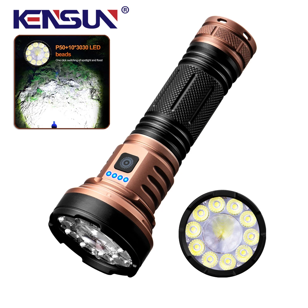 Hot Selling High-Power LED Flashlight with Built-In Battery Ultra Long Distance Waterproof Tactical Light, Camping Hiking Fishin