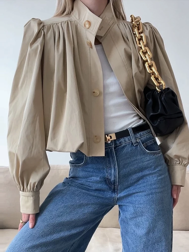 

Lantern Sleeve Short Jackets For Women Cowl Neck Top Standing Collar Single Breasted Coats Oversized Style Casual Female Clothes
