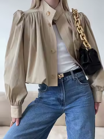 Lantern Sleeve Short Jackets For Women Cowl Neck Top Standing Collar Single Breasted Coats Oversized Style Casual Female Clothes