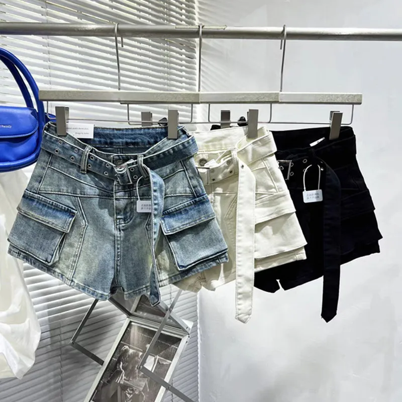 Design Splicing Retro Tooling Denim Shorts Women 2026 New High Waist Spice Girl Loose Jean Shorts With Pockets