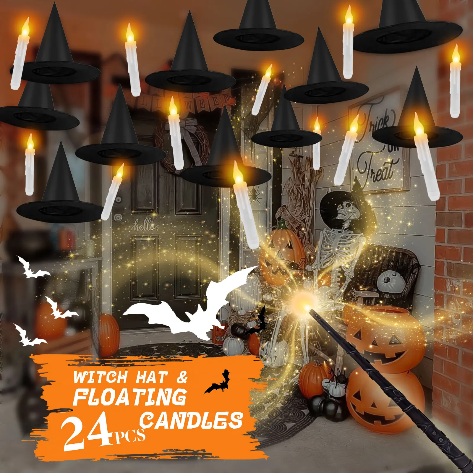 

20pcs Halloween Black Witches Hats and Candles, Costume Decoration Halloween Party Porch Yard Indoor Outdoor Hanging Wizard Hats