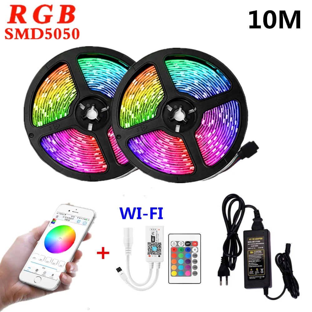 

WIFI LED Strip Lights 10M RGB 5050 SMD Lamp Flexible Ribbon RGB Tape Diode DC 12V APP Control+adapter