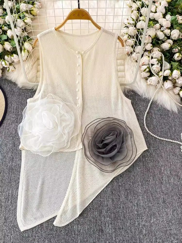 

Ladies Top High Street Spliced Appliques Vest Women Sleeveless Patchwork Single Breasted Asymmetrical Hem Summer Tank Female