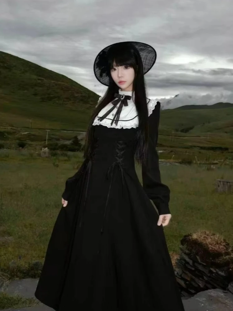 Gothic Vintage Midi Kleid Frauen Party Kawaii Lolita Bogen Kleider Neue Harajuku Spitze Patchwork kleid Vestidos
