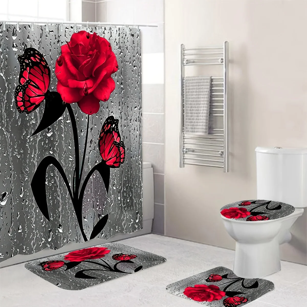 

Rose Waterproof Shower Curtain And Blanket Modern Home Bathroom Decor Shower Curtain With Blanket And Toilet Cover With 12 Hooks