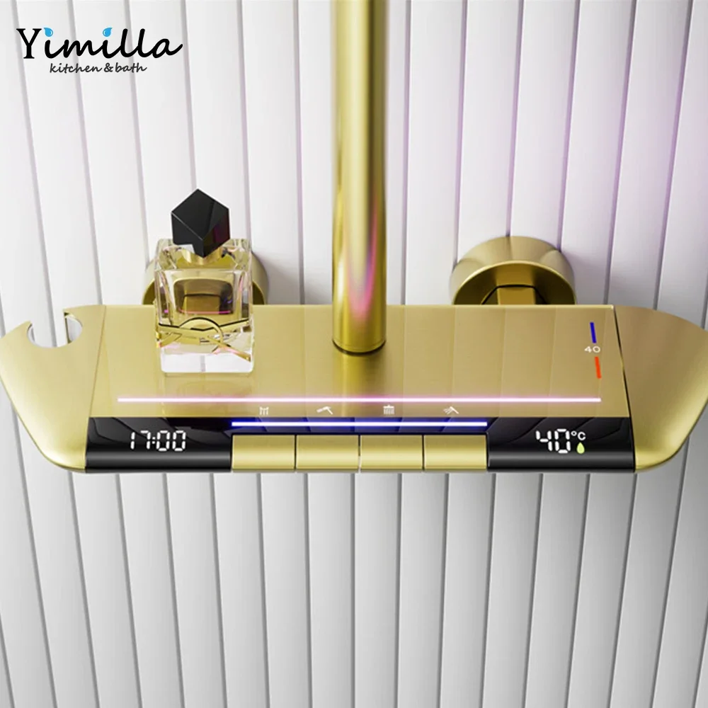 Modern Luxury Brass Shower Set Gun Grey  Massage Brushed Gold Digital LED Light Bathroom Shower Set with Cold and Hot Water