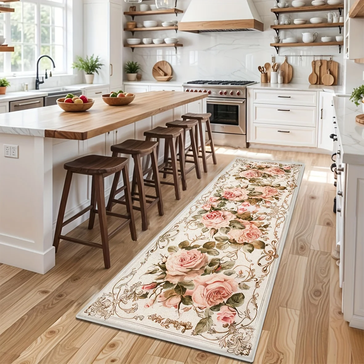 Romantic Antique Rose Pattern Floor Runner Mat Elegant Floral Frame Art Decor Rug for Farmhouse Indoor Corridor Space