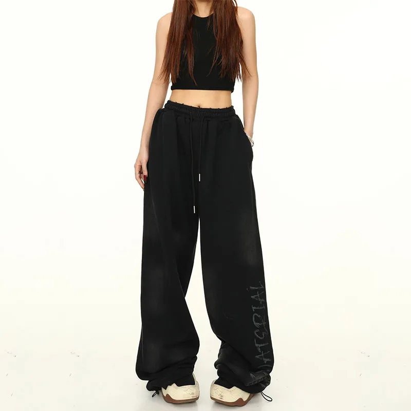 American Vintage High Street Hip Hop Sweatpants Women Letter Graffiti Pocket Elastic High Waist Casual Loose Wide Leg Trousers