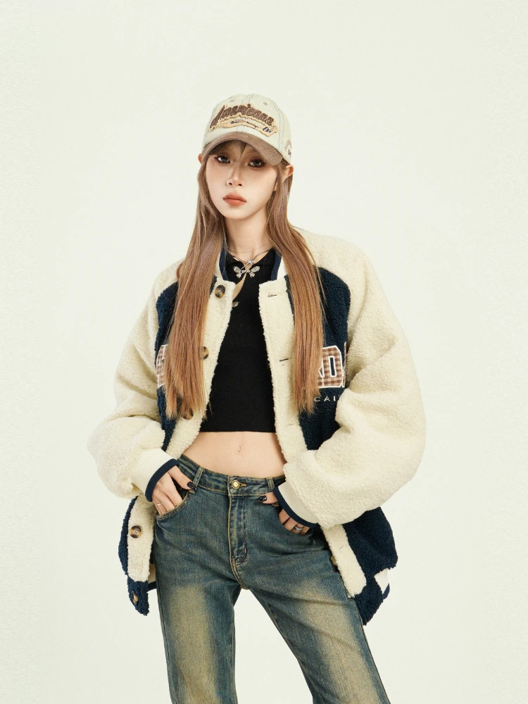 

Baseball Jacket Women's Blue Letter Geometric Pattern Embroidered Retro Lamb WoolWarm Single-Breasted Autumn and Winter Cardigan