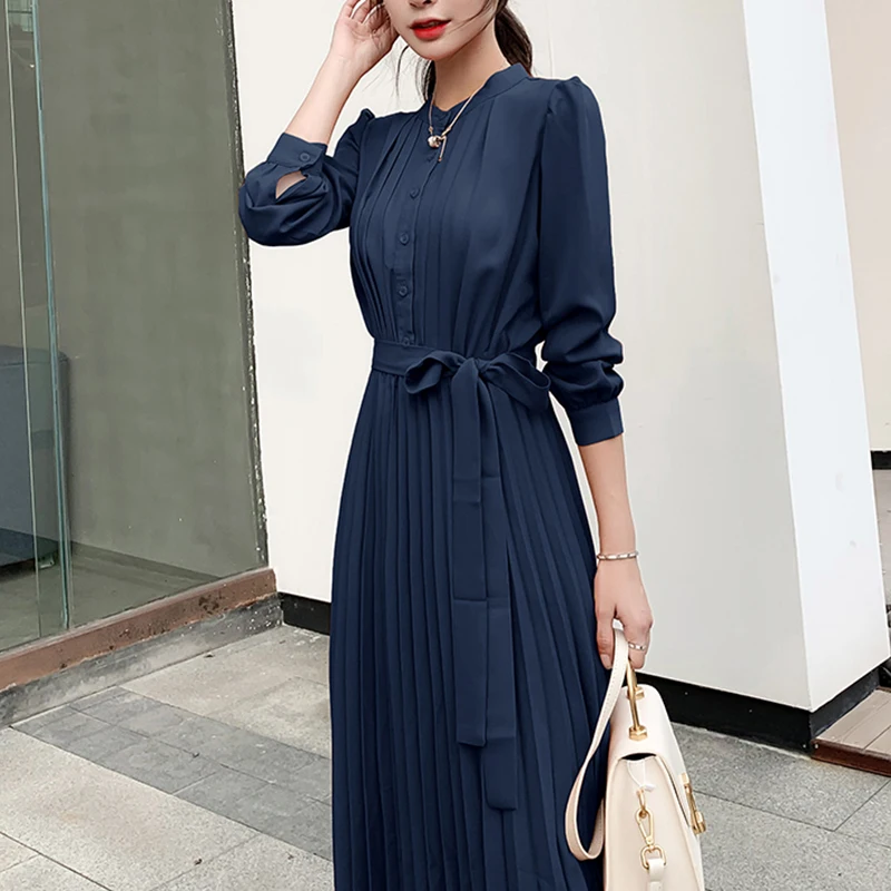 Spring Summer Women Elegant Long Dress Solid Long Sleeve Belt Lace Up Dress Loose Casual Office Lady Pleated Dress -1pcs