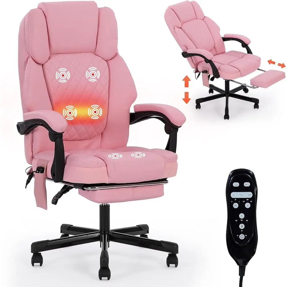 

Ergonomic High-Back Recliner with Heat and Vibration, Plush PU Leather Pink Chair for Big and Tall, Supporting up to 400lbs