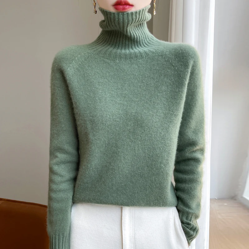 Fashion Autumn Winter 100% Wool Turtleneck Sweater Women High Street Sweater Solid Color Long Sleeve Top Knit Female Pullover