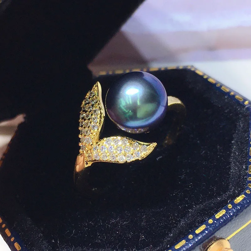 Freshwater Cultured Pearl Black 7-8mm Fashion Fish Tail Ring 18K Gold Plated 