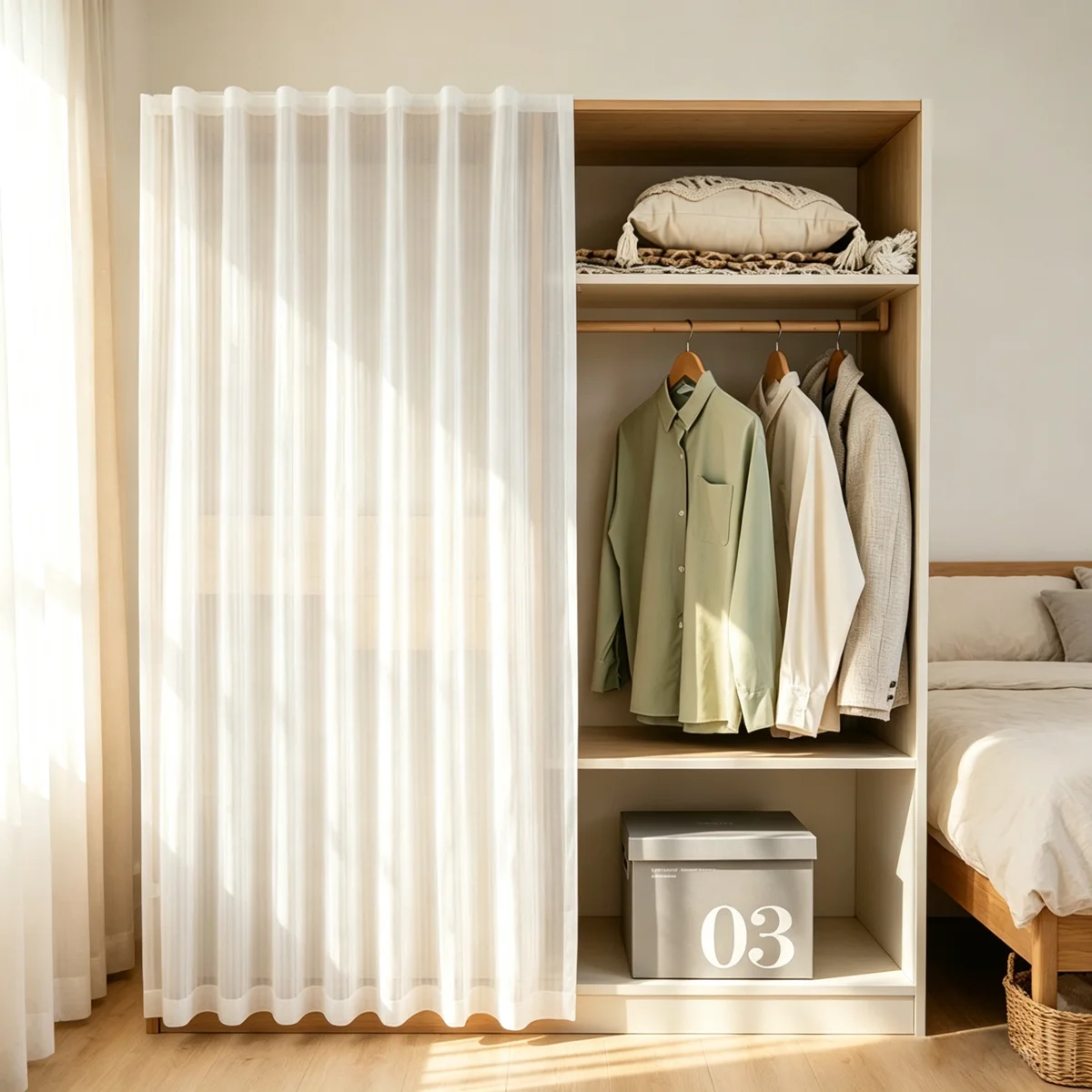 Velcro Self-adhesive Vertical Striped Sheer Cabinet Curtain, Dustproof Wardrobe Decorative Partition Curtain