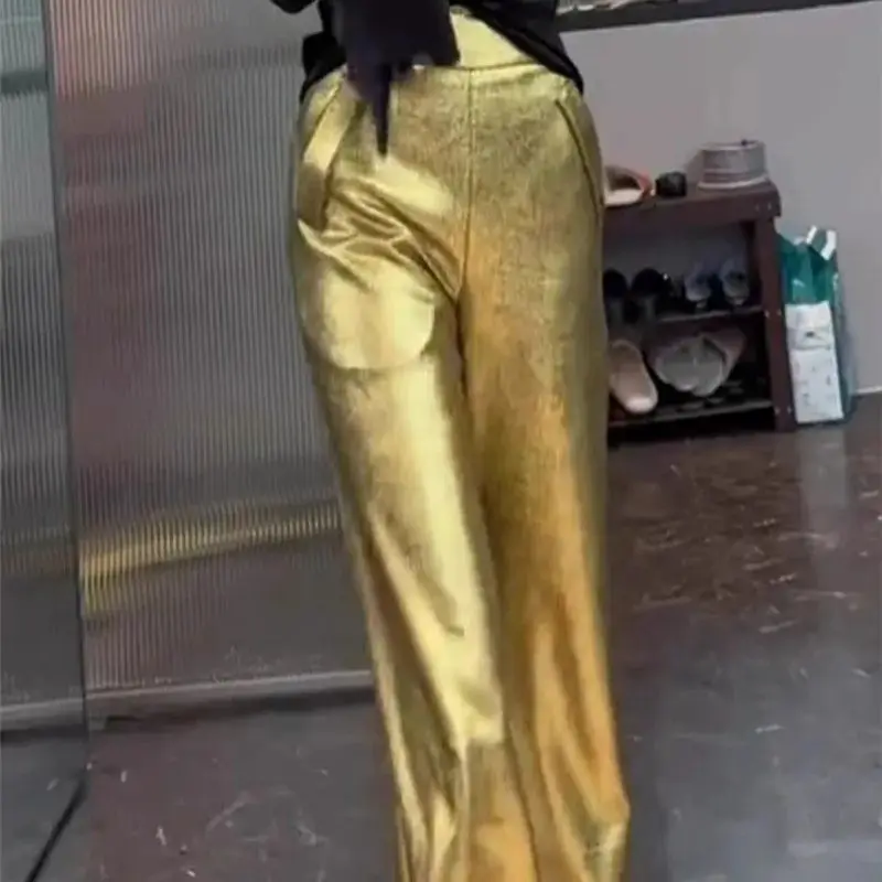 

Весенние повседневные свободные брюки с широкими штанинами для офиса, модель 884P, высококачественные золотистые блестящие брюки, женские мягкие тонкие кожаные брюки.