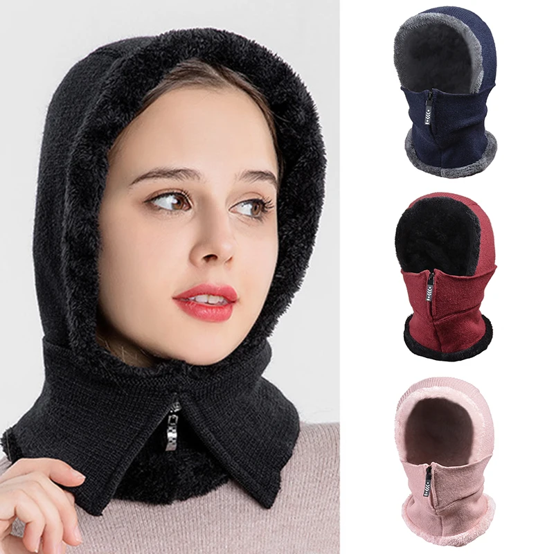 

Ear Protection One-Piece Cap,Knitted Hat Foldable Zipper Face Cover Windproof Wool Plush Hat With Neck Wrap Winter Outdoor Wear