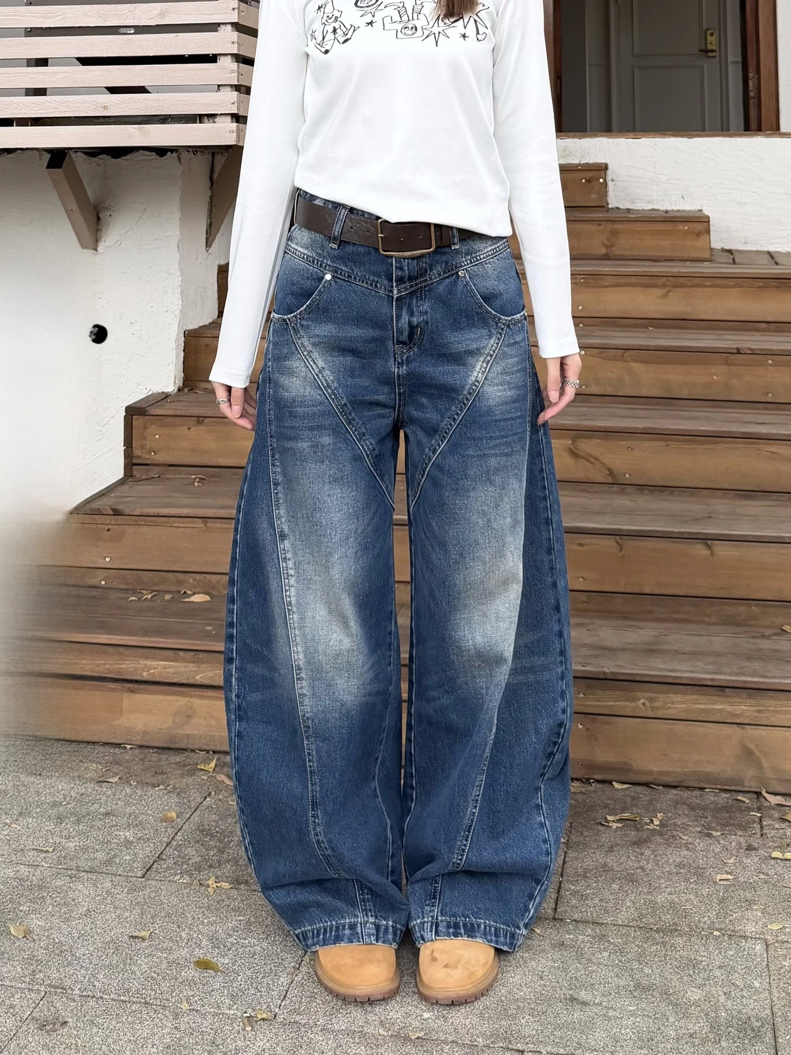 

XFX Американские ретро широкие джинсы с ножом Женские уличные брюки длиной до пола, свободный крой из хлопка с талией